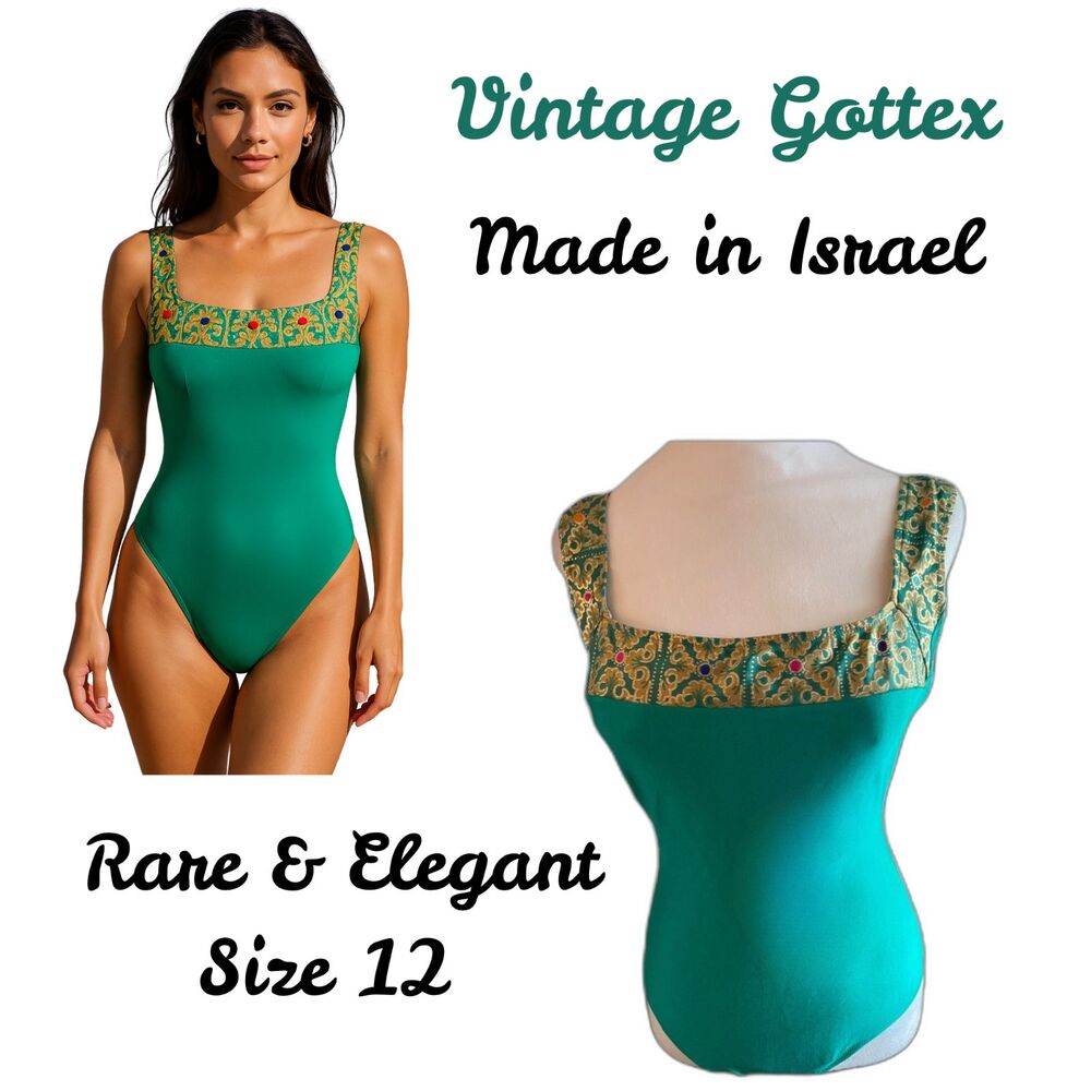 Vintage Gottex Swimsuit Green Gold Baroque Print Scoop Back 12